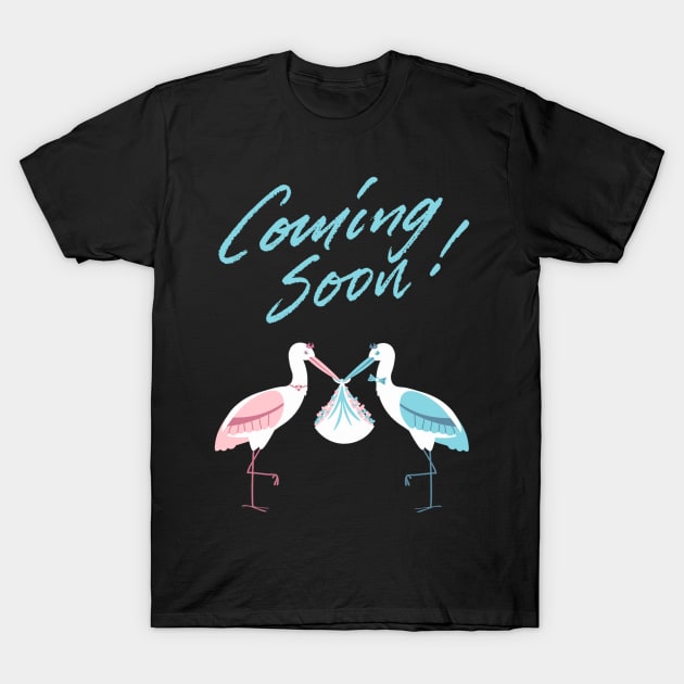 Mother's To Be, New Moms, Baby Announcement Cute, Storks, Coming Soon Design T-Shirt by BirdsnStuff